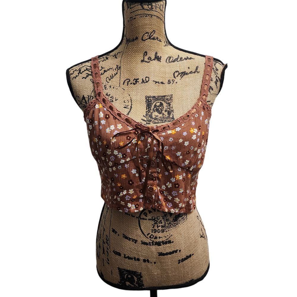 LA Hearts Brown Floral Crop Top Lace Up Corset Style Tank‎ Cami Size S